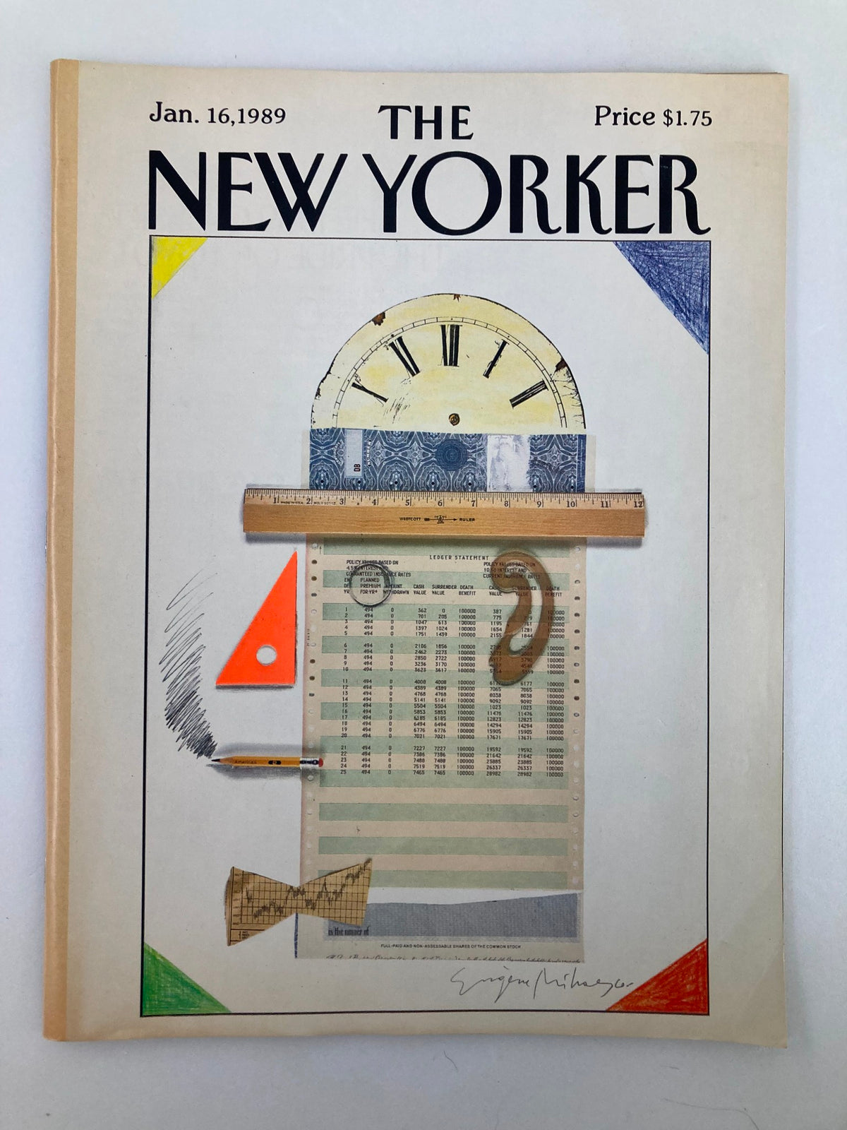 Cover of The New Yorker Full Magazine January 16, 1989, featuring artwork by Eugene Mihaesco, depicting a creative design with a clock, geometric shapes, and artistic elements.