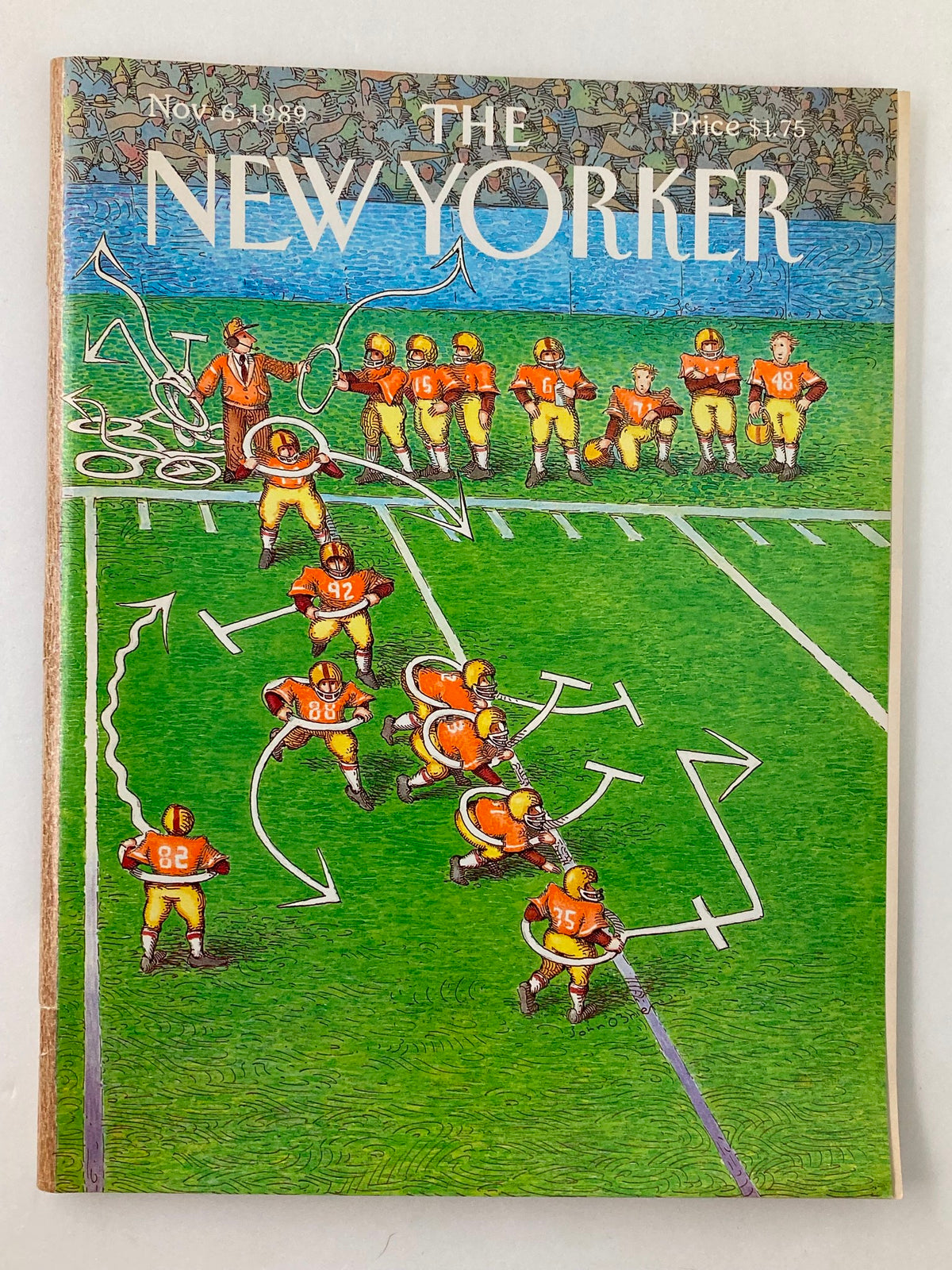 Cover of The New Yorker Full Magazine November 6 1989 featuring artwork of a football game strategy by John O'Brien, showcasing vibrant colors and dynamic illustrations.