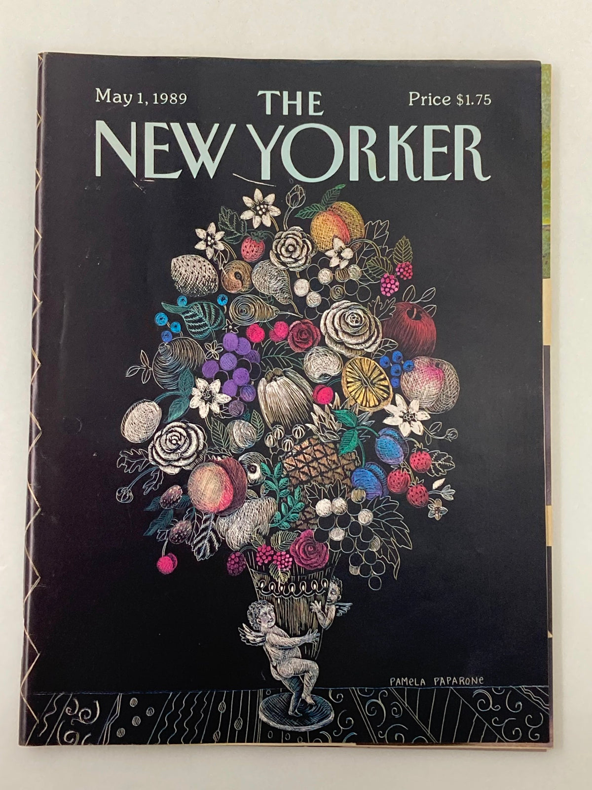 Cover of The New Yorker Full Magazine May 1 1989 featuring a flower vase illustration by Pamela Paparone, showcasing colorful flowers and whimsical elements.