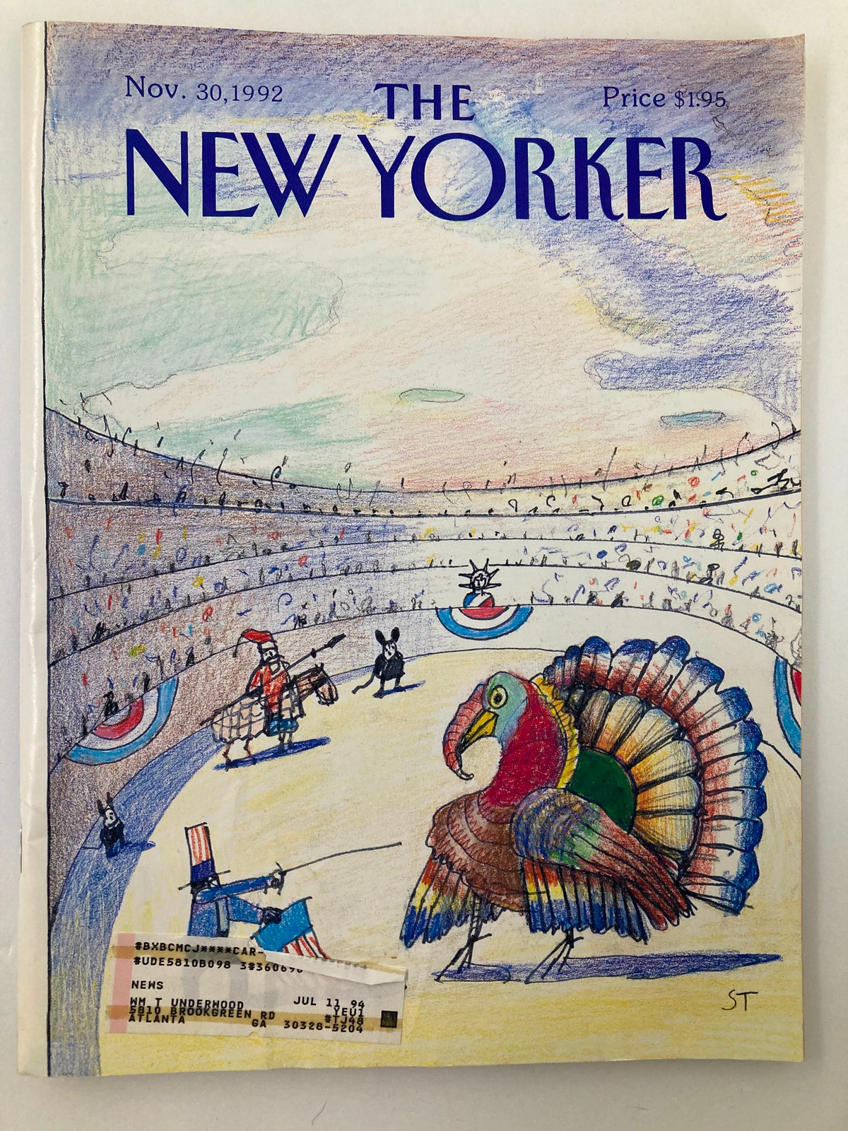 The New Yorker Full Magazine November 30 1992 cover featuring a colorful illustration of a peacock dance, created by Saul Steinberg, showcasing a blend of humor and artistry.