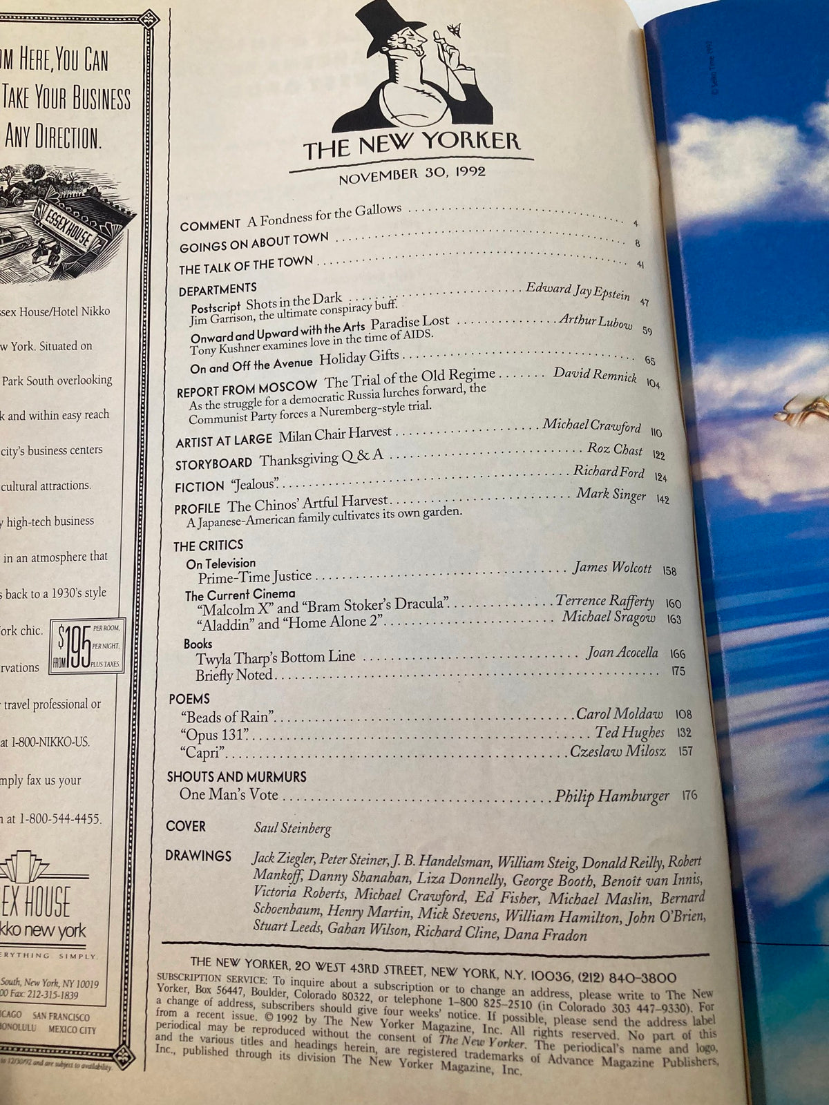 Interior page of The New Yorker Full Magazine November 30 1992 displaying the table of contents, highlighting various articles and illustrations, revealing the magazine's rich cultural commentary.