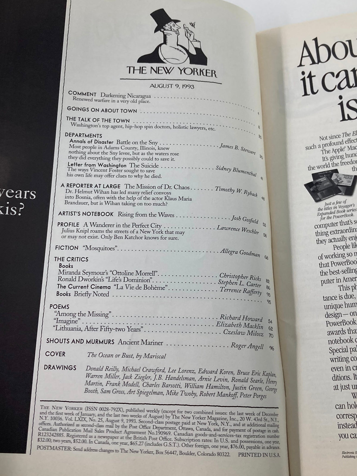 Table of contents page from The New Yorker Full Magazine August 9 1993, showcasing featured articles and the cover story 'The Ocean or Bust' by Mariscal.