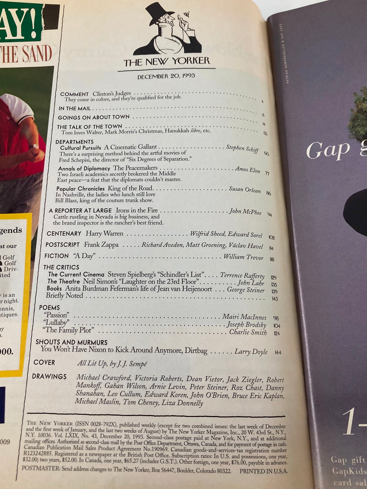 Table of contents for The New Yorker Full Magazine December 20 1993, highlighting various articles and features including cultural commentaries and the cover story "All Lit Up" by Jean-Jacques Sempe.
