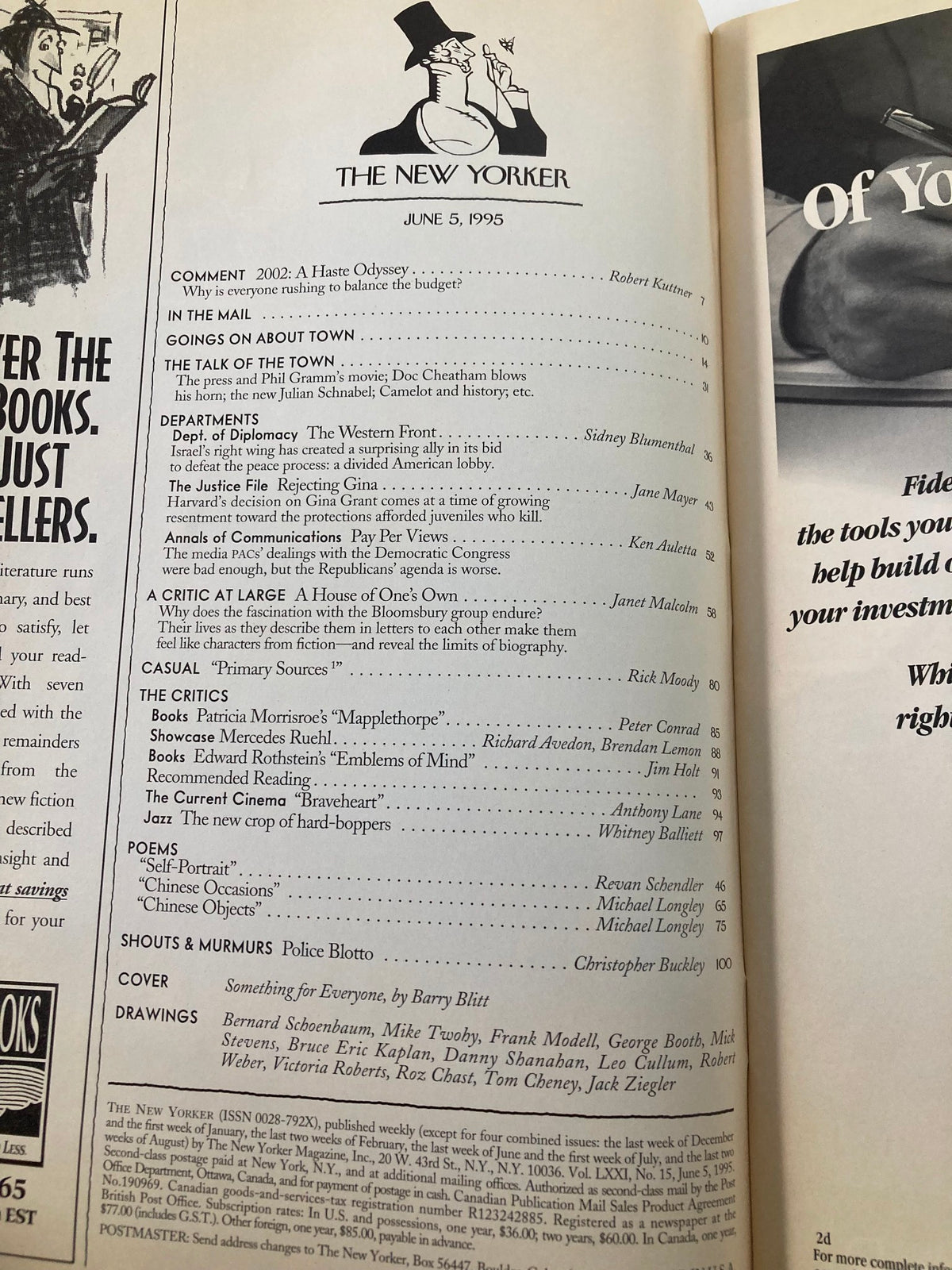 Inside page of The New Yorker Full Magazine June 5 1995 displaying the table of contents and introduction to articles, showcasing the magazine's rich editorial content.