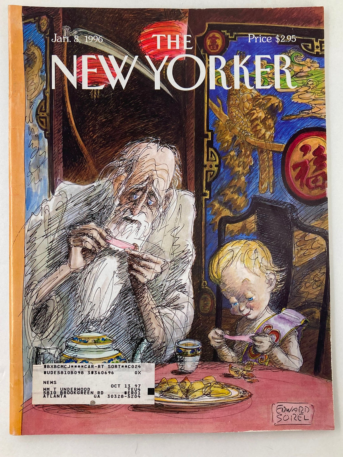 Cover of The New Yorker magazine, January 8, 1996, featuring the artwork 'Changing Fortunes' by Edward Sorel, depicting a traditional scene with a grandfather and child at a table.
