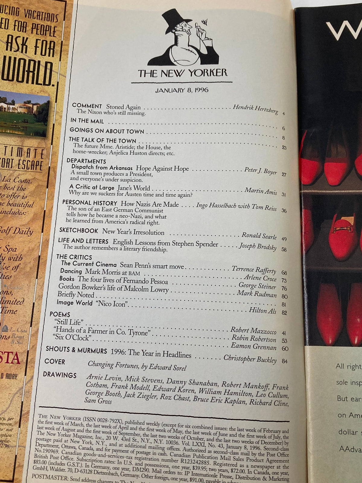 Interior page of The New Yorker magazine from January 8, 1996, featuring the table of contents and article titles, including 'Changing Fortunes' by Edward Sorel.