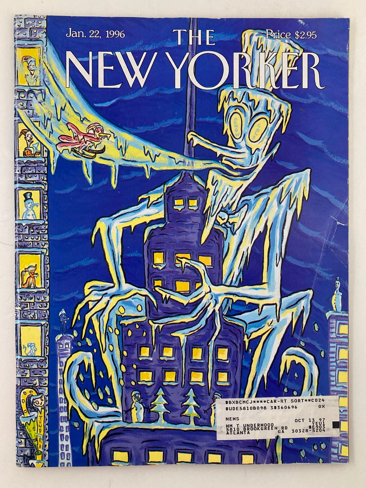 Cover of The New Yorker magazine from January 22, 1996, featuring the artwork titled 'Ice Burg' by David Sandlin, depicting a whimsical ice-themed scene in a bustling city with vivid colors.