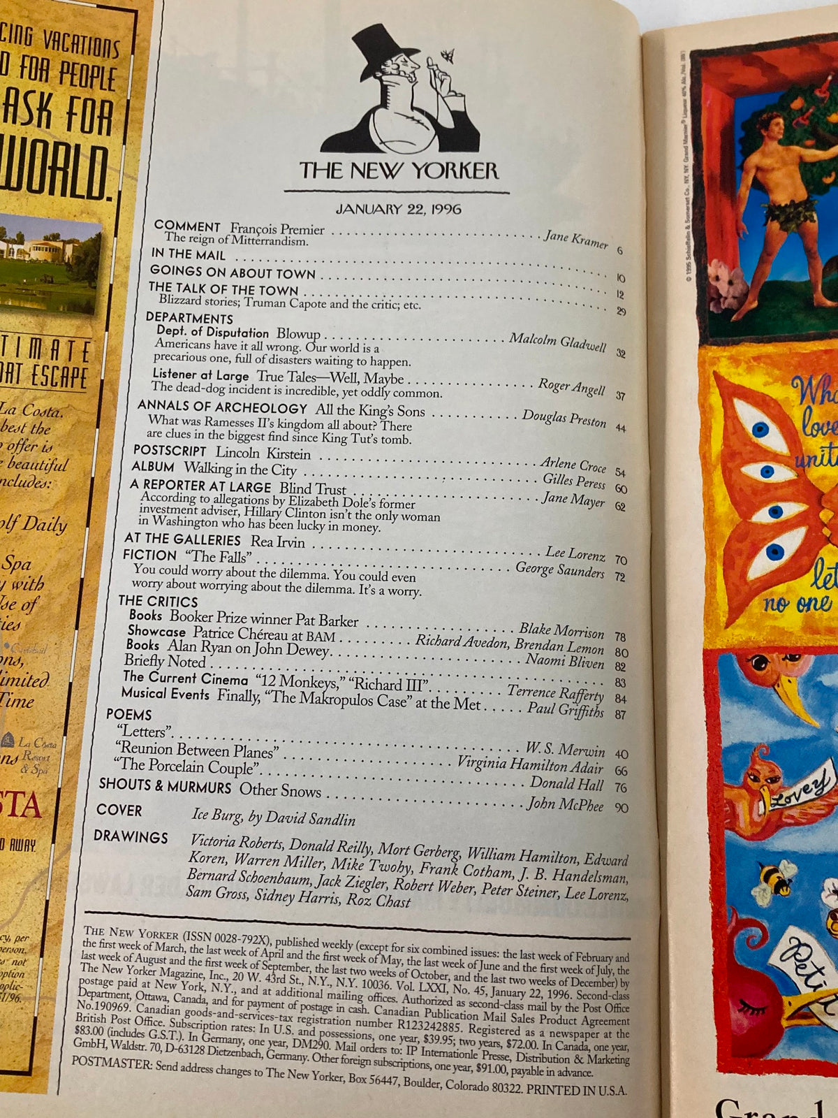 Interior page of The New Yorker magazine from January 22, 1996, presenting the table of contents, including articles and features, with the 'Ice Burg' cover art featured prominently.