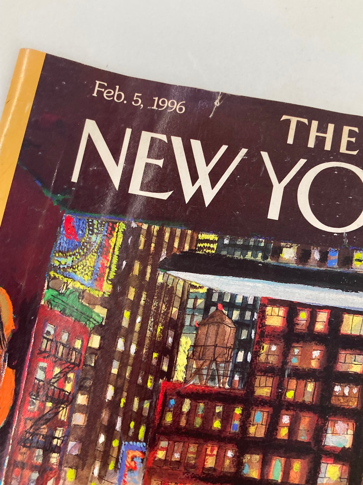 Close-up image of the top section of The New Yorker magazine cover dated February 5, 1996, highlighting the title and date, featuring vibrant colors and unique artwork.