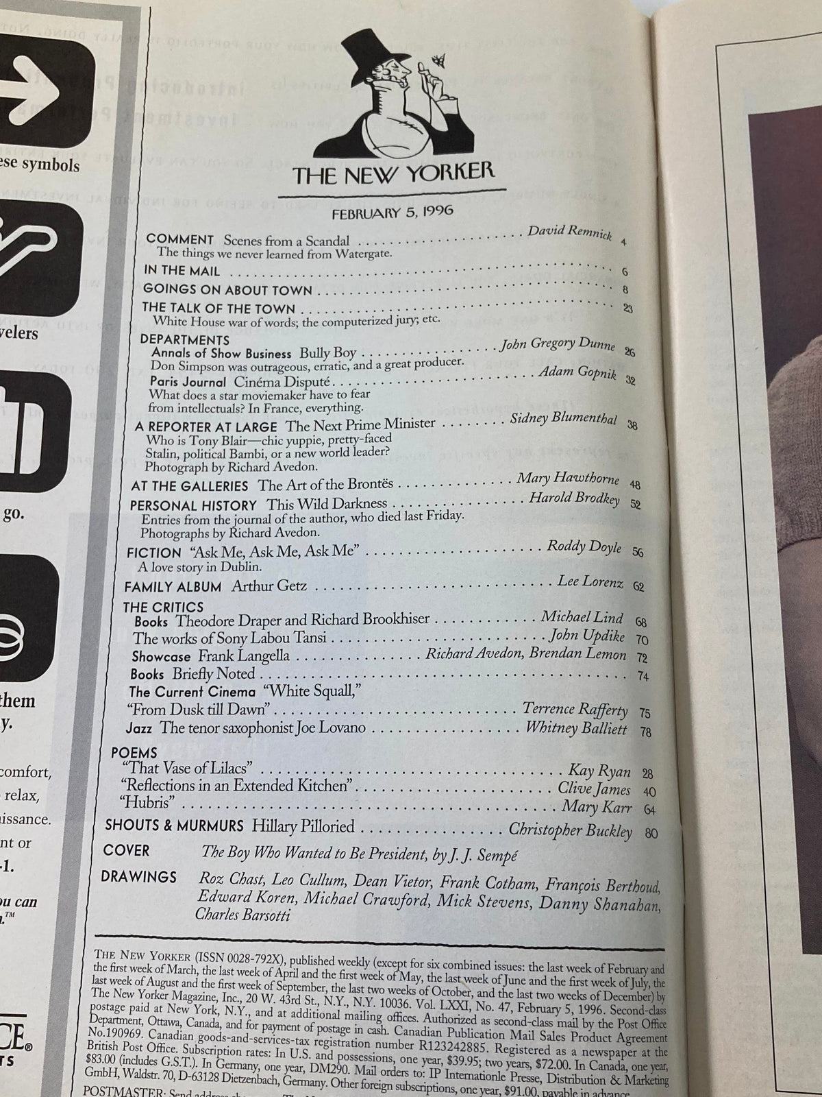 Inside page of The New Yorker magazine from February 5, 1996, displaying the table of contents with article titles, including 'The Boy Who Wanted To Be President'.