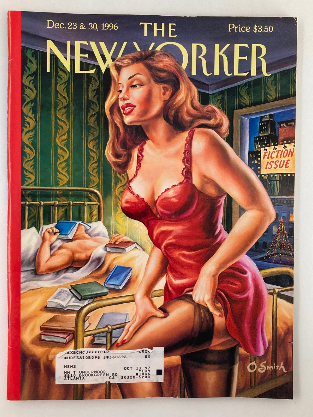 Cover of The New Yorker Full Magazine December 23 1996 featuring artwork titled 'Bedside Stories' by Owen Smith, showcasing a woman in a red dress and a book on a bed.