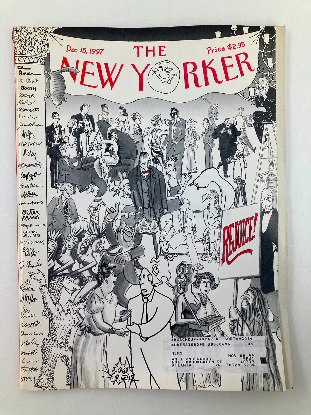 Cover of The New Yorker magazine from December 15, 1997, featuring the title 'The Gang's All Here' by R. Mankoff, showcasing a vibrant drawing of a social gathering with various characters and festive elements.