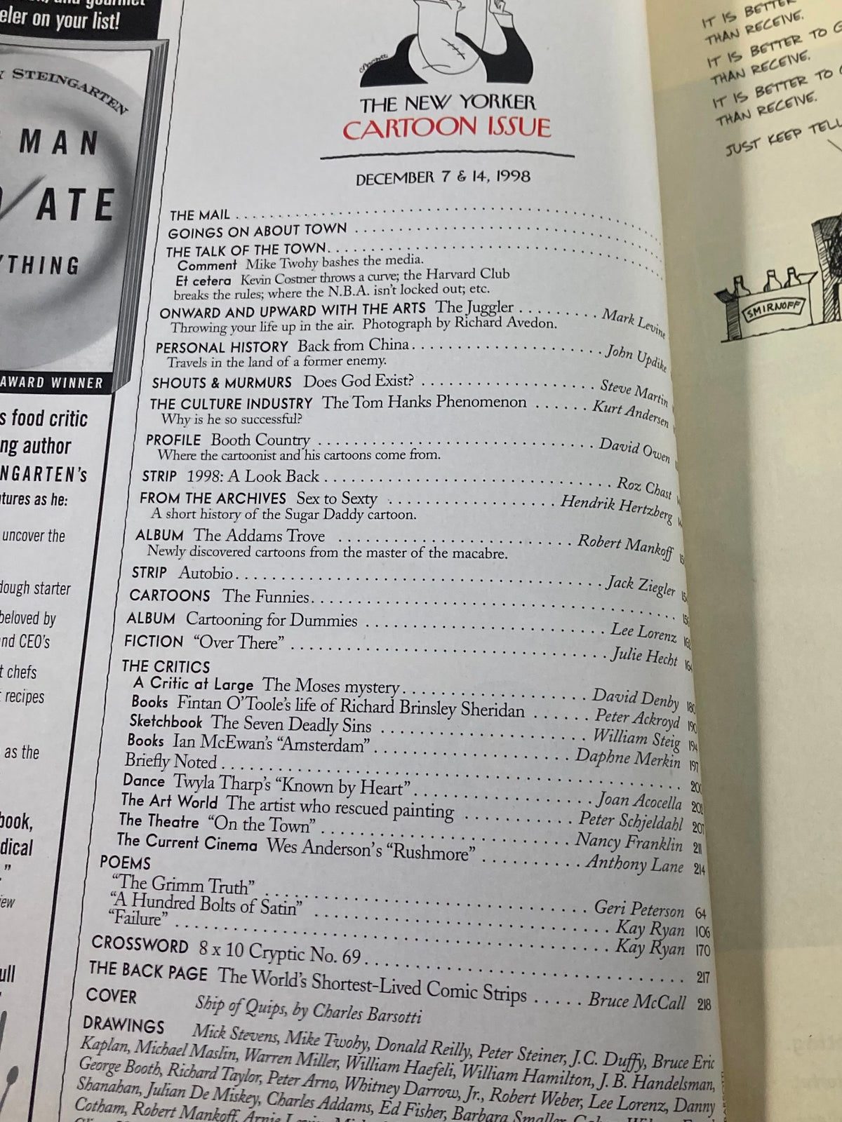 Table of contents from The New Yorker magazine December 7 & 14, 1998, highlighting various articles and cartoons featured in that issue.