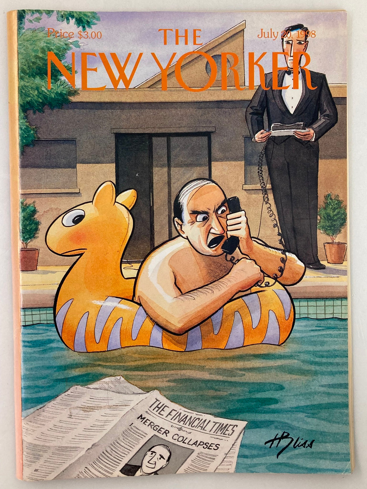 Cover of The New Yorker Full Magazine July 20, 1998 featuring the illustration 'Trouble Afloat' by Harry Bliss, depicting a man in a pool on a float while talking on the phone.
