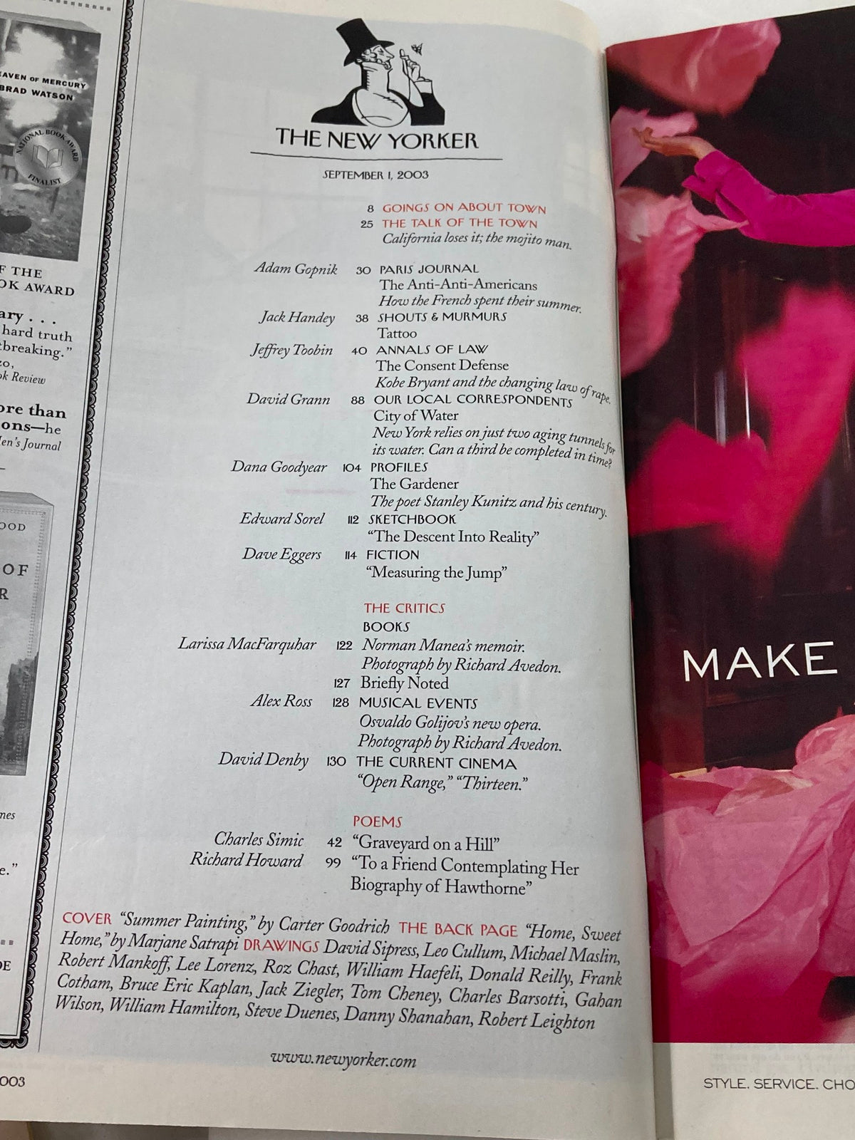 The New Yorker Full Magazine September 1 2003, interior page showcasing the table of contents, highlighting featured articles and sections for this issue.