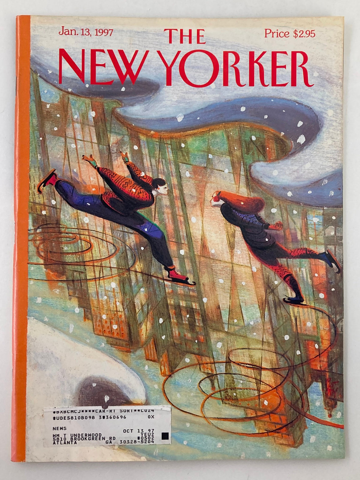 Cover of The New Yorker magazine, January 13, 1997, featuring the illustration 'City Skaye' by Lorenzo Mattotti, showcasing two figures ice skating in a snowy urban setting.