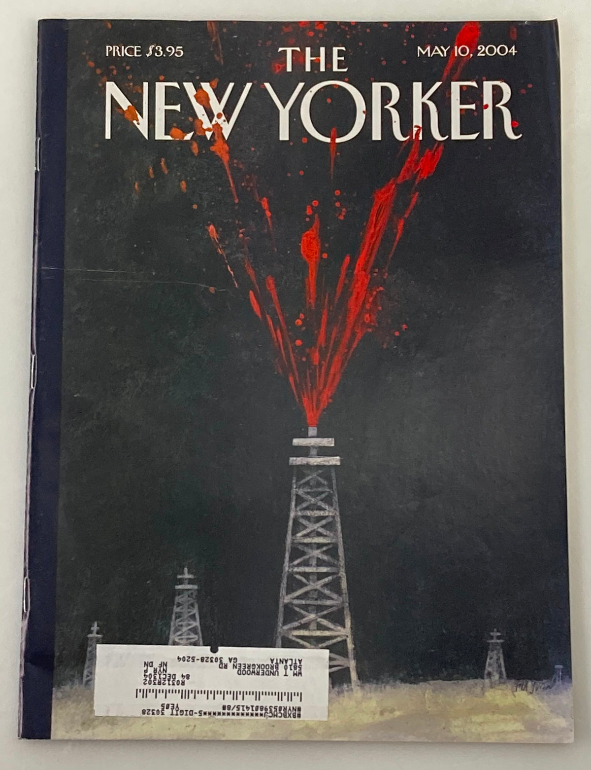 Cover of The New Yorker magazine dated May 10, 2004, featuring the striking artwork titled 'Open Wound' by Ana Juan, depicting an oil rig with red splashes and oil.