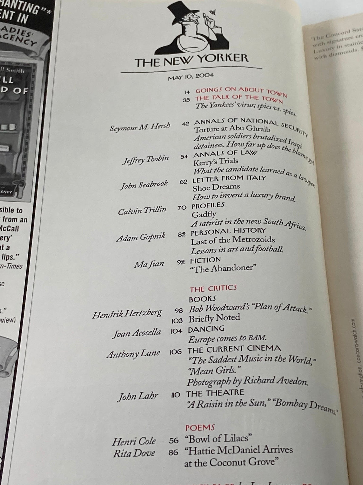 Inside page of The New Yorker magazine dated May 10, 2004, displaying the table of contents, including notable articles and contributions from various writers.