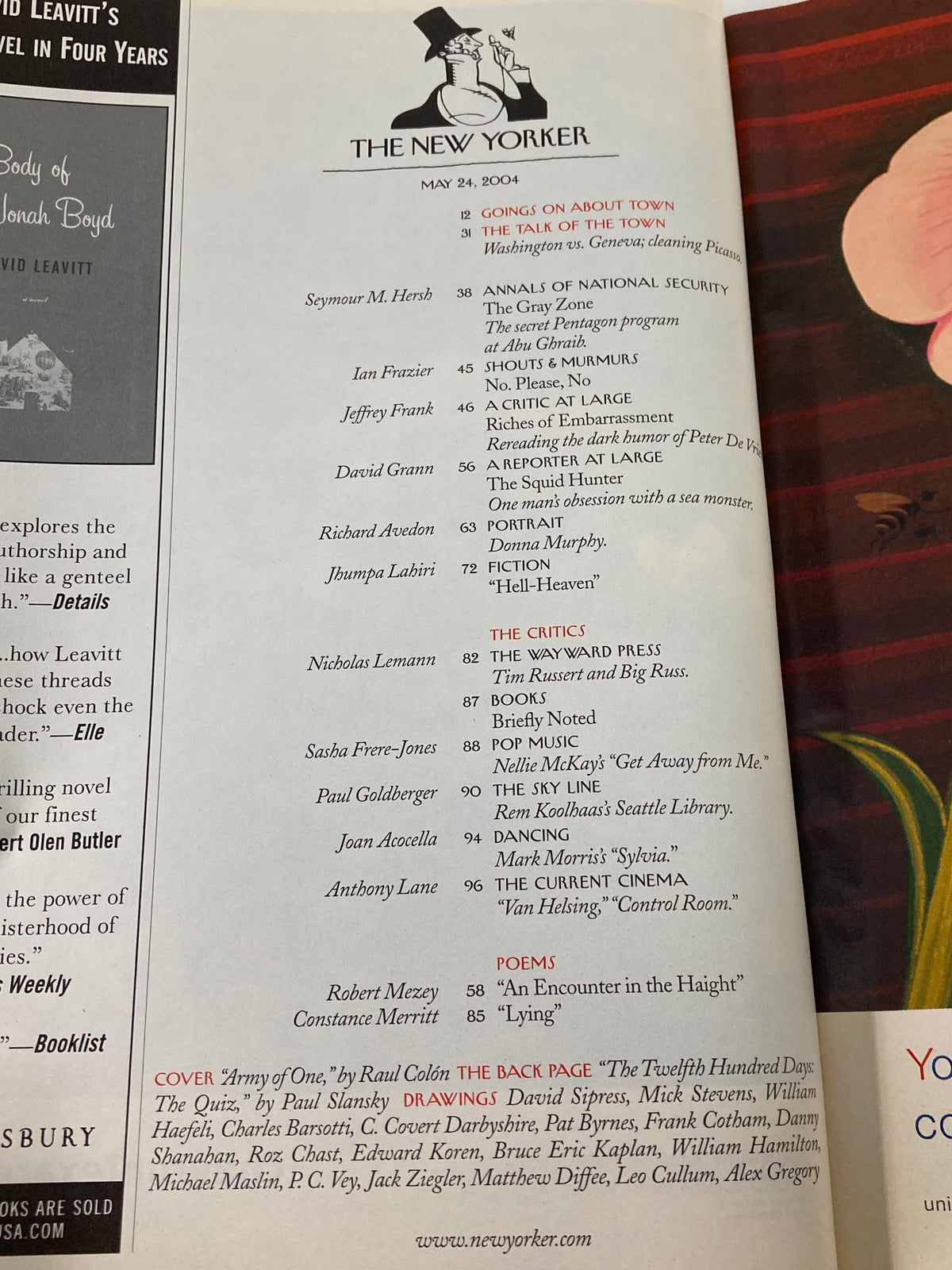 Table of contents from The New Yorker Full Magazine May 24 2004, listing featured articles and contributors.
