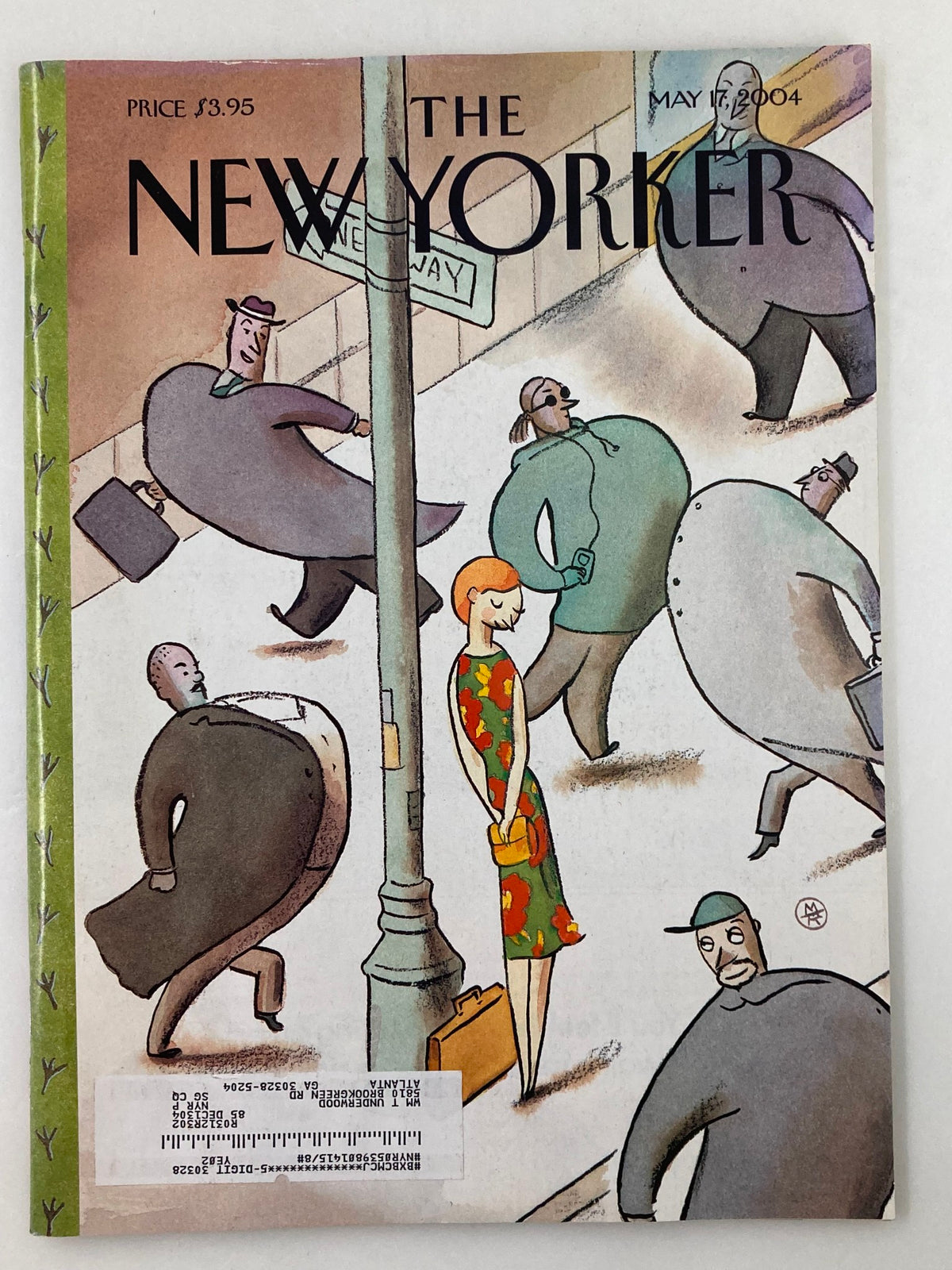 Cover image of The New Yorker Full Magazine, May 17, 2004, featuring a vibrant illustration of figures in suits walking on a city street, with a striking character in a floral dress by Marc Rosenthal, representing the theme of 'Spring Ritual'.