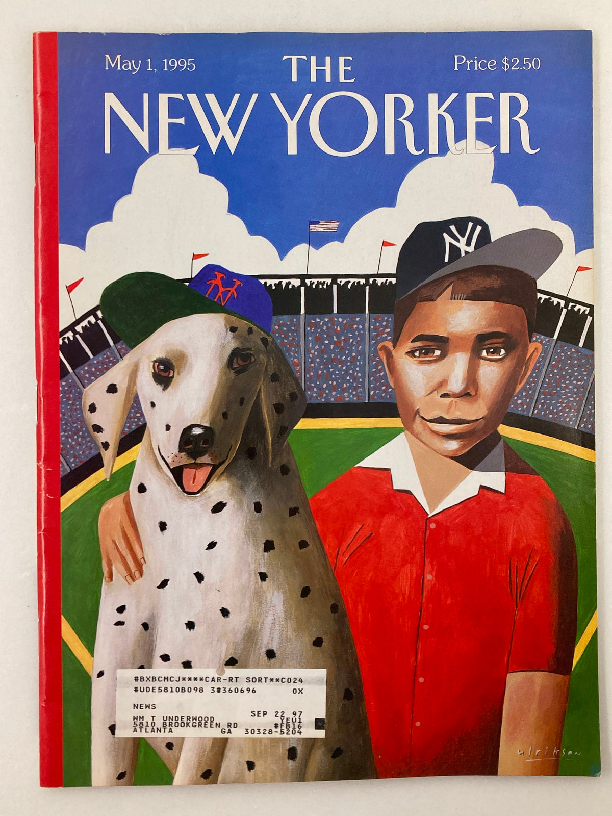 Cover of The New Yorker Full Magazine May 1 1995 titled 'Play Ball!' by Mark Ulriksen, featuring a young boy in a red shirt with a dalmatian dog, set against a colorful baseball stadium background.