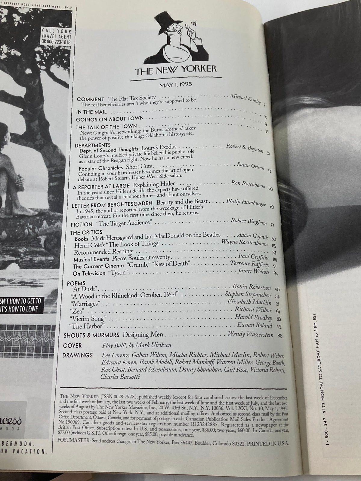 Inside page of The New Yorker magazine dated May 1, 1995, featuring the Table of Contents and cover illustration 'Play Ball!' by Mark Ulriksen. This page highlights articles and artwork from that issue.