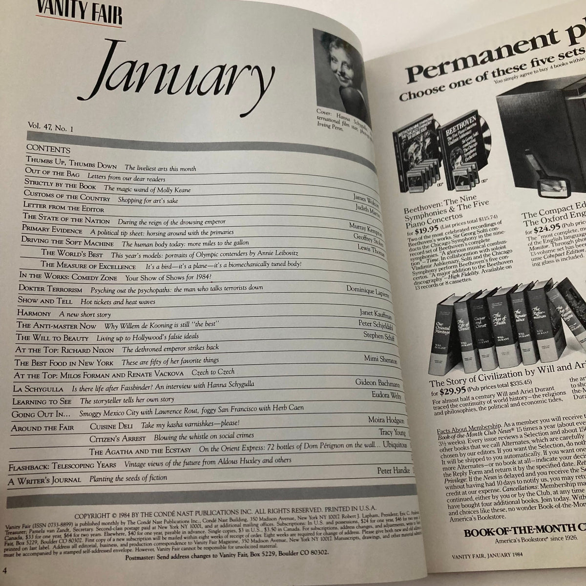 Interior page of the January 1984 Vanity Fair magazine listing table of contents. It highlights featured articles, including a piece about Hanna Schygulla.
