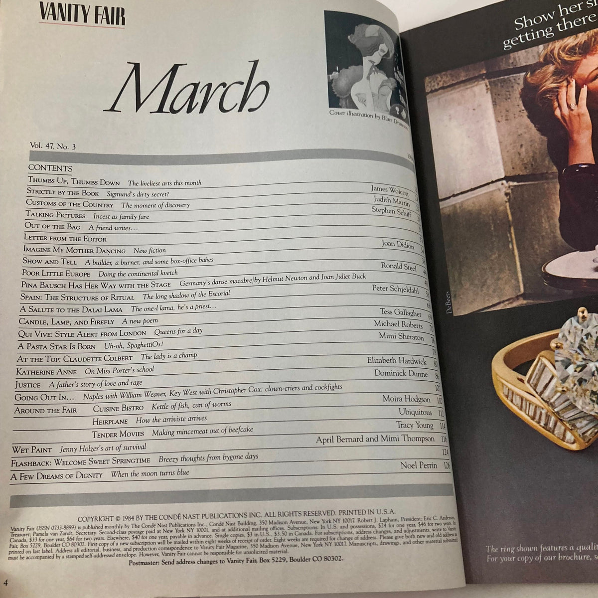 Inside page of Vintage Vanity Fair Magazine March 1984 displaying the table of contents with articles and features from influential writers.