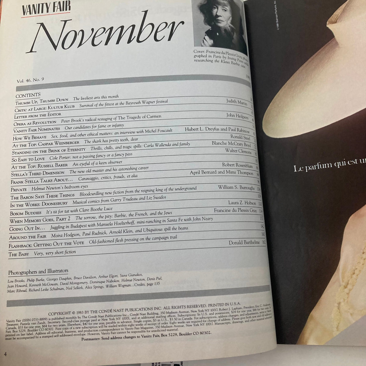 Inside page of Vintage Vanity Fair Magazine from November 1983 featuring content table and a portrait of Francine Du Plessis Gray, showcasing articles on art and society from the era.
