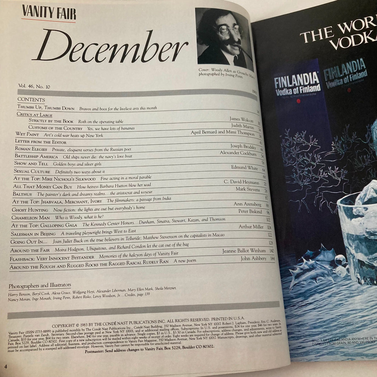 Inside page of VTG Vanity Fair Magazine December 1983 featuring contents and a portrait of Woody Allen, reflecting the magazine's exploration of cultural themes.