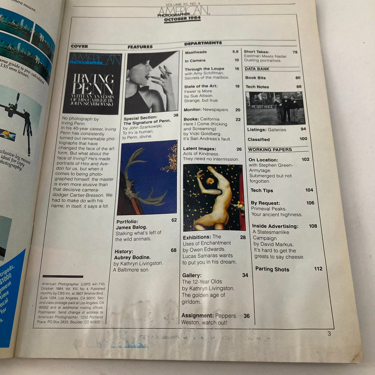 Interior page of American Photographer Magazine, October 1984, showcasing contents and articles including a special section on Irving Penn.
