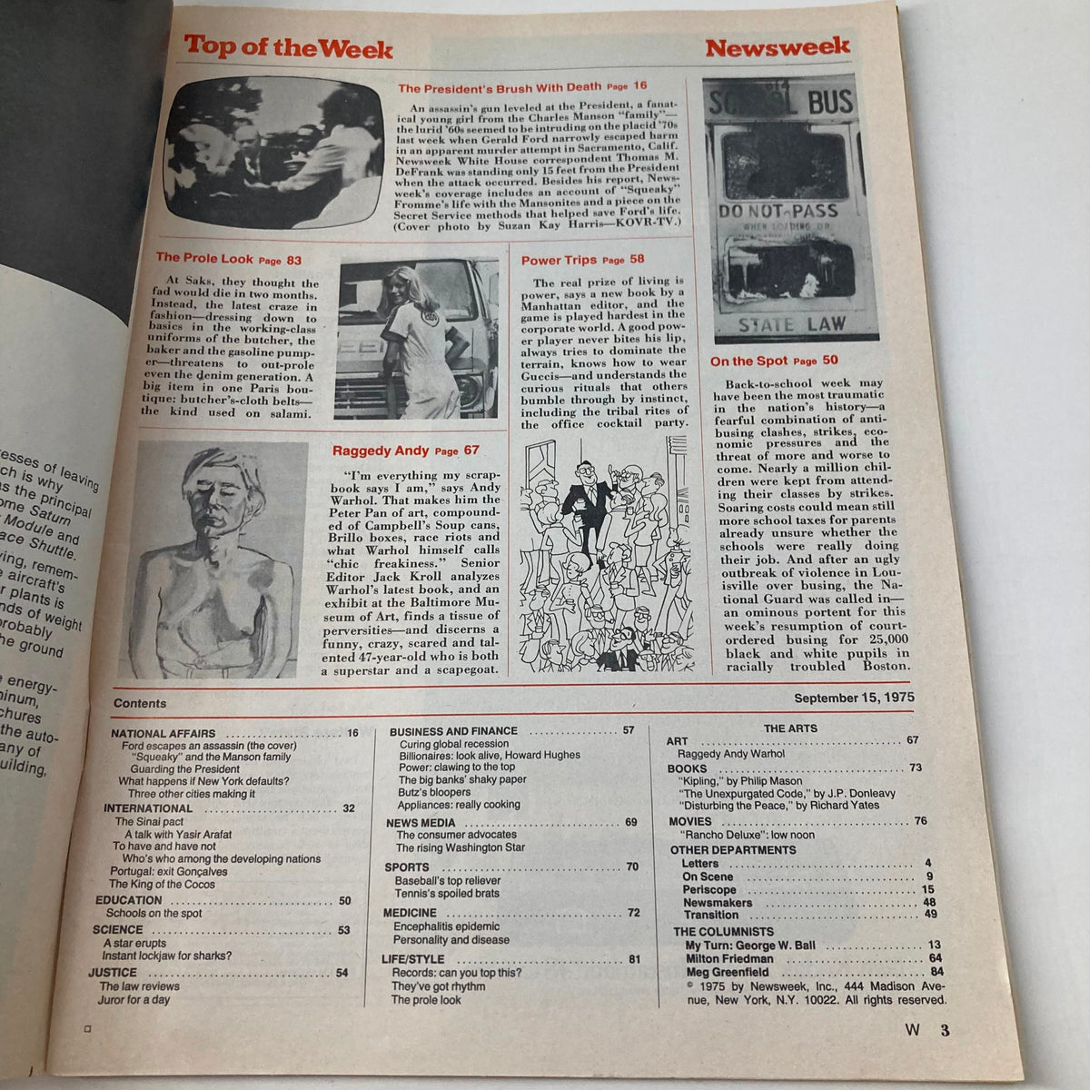 Interior page of Vintage Newsweek Magazine from September 15, 1975, featuring the 'Squeaky' Fromme issue, showcasing the contents including articles about significant events in American culture.