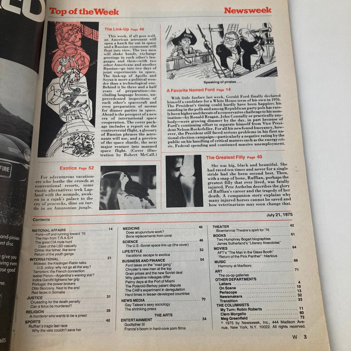 Interior page of VTG Newsweek Magazine July 21 1975 displaying table of contents and highlights including 'A Favorite Named Ford' article.