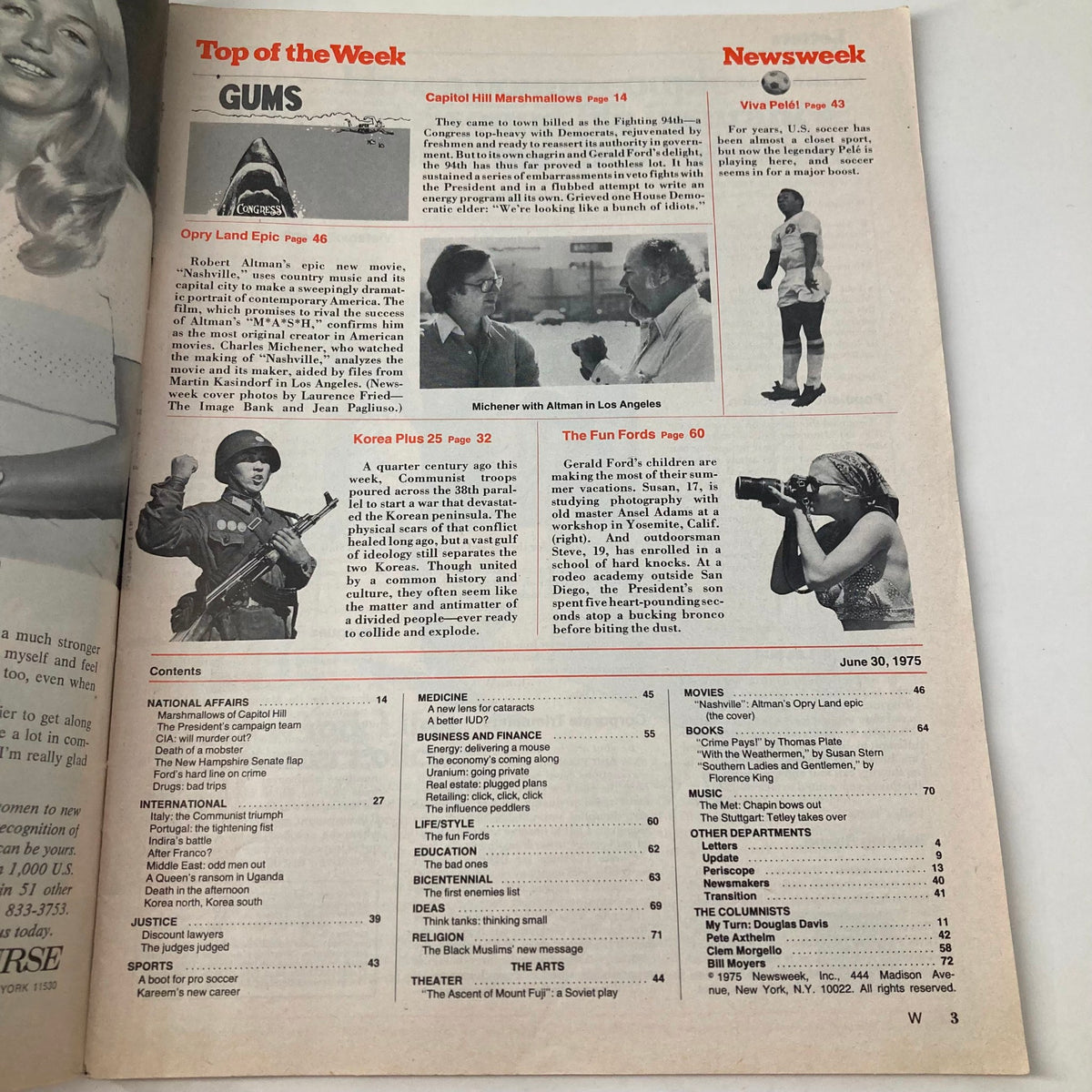 Table of contents from VTG Newsweek Magazine June 30 1975, highlighting various articles and features, including 'Opry Land Epic'.