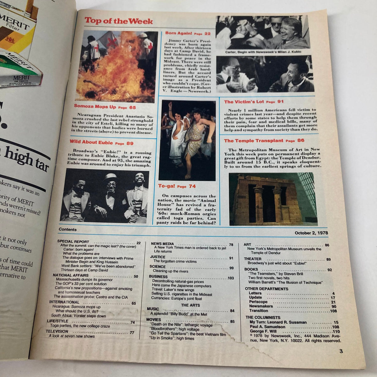 Contents page of the October 2, 1978 Newsweek Magazine highlighting various articles including a feature on Jimmy Carter's 'Born Again' movement.