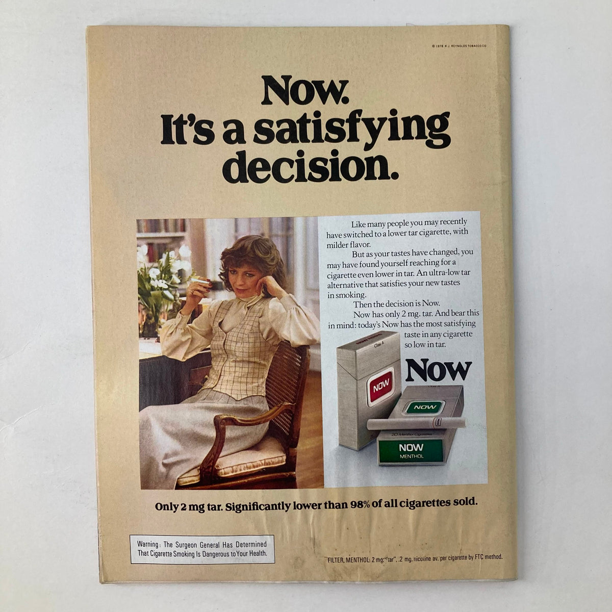 Back cover of the October 2, 1978 Newsweek Magazine featuring an advertisement for 'Now' cigarettes highlighting its low tar content.
