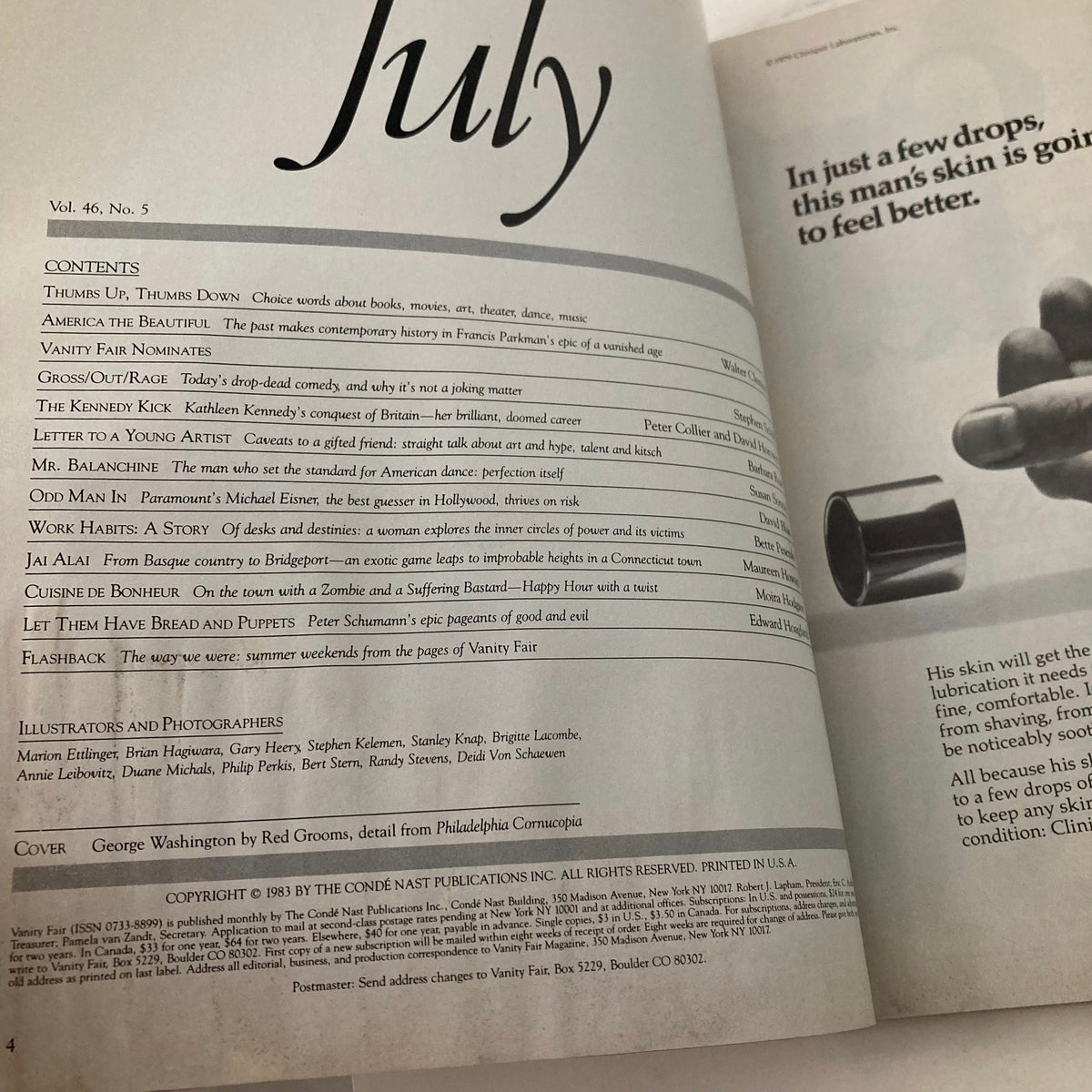 Table of contents from the July 1983 Vanity Fair Magazine featuring various articles, including ‘The Kennedy Kick’ and ‘Cuisine de Bonheur’. Title: VTG Vanity Fair Magazine July 1983 George Washington by Red Grooms No Label.