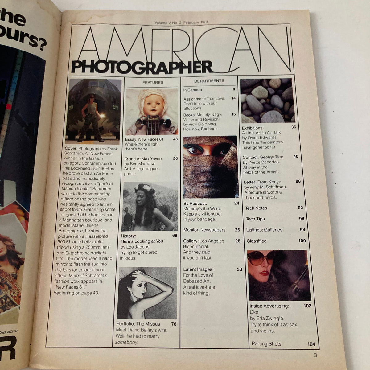 Interior page showcasing the table of contents of American Photographer Magazine February 1981, highlighting featured articles and photography topics.