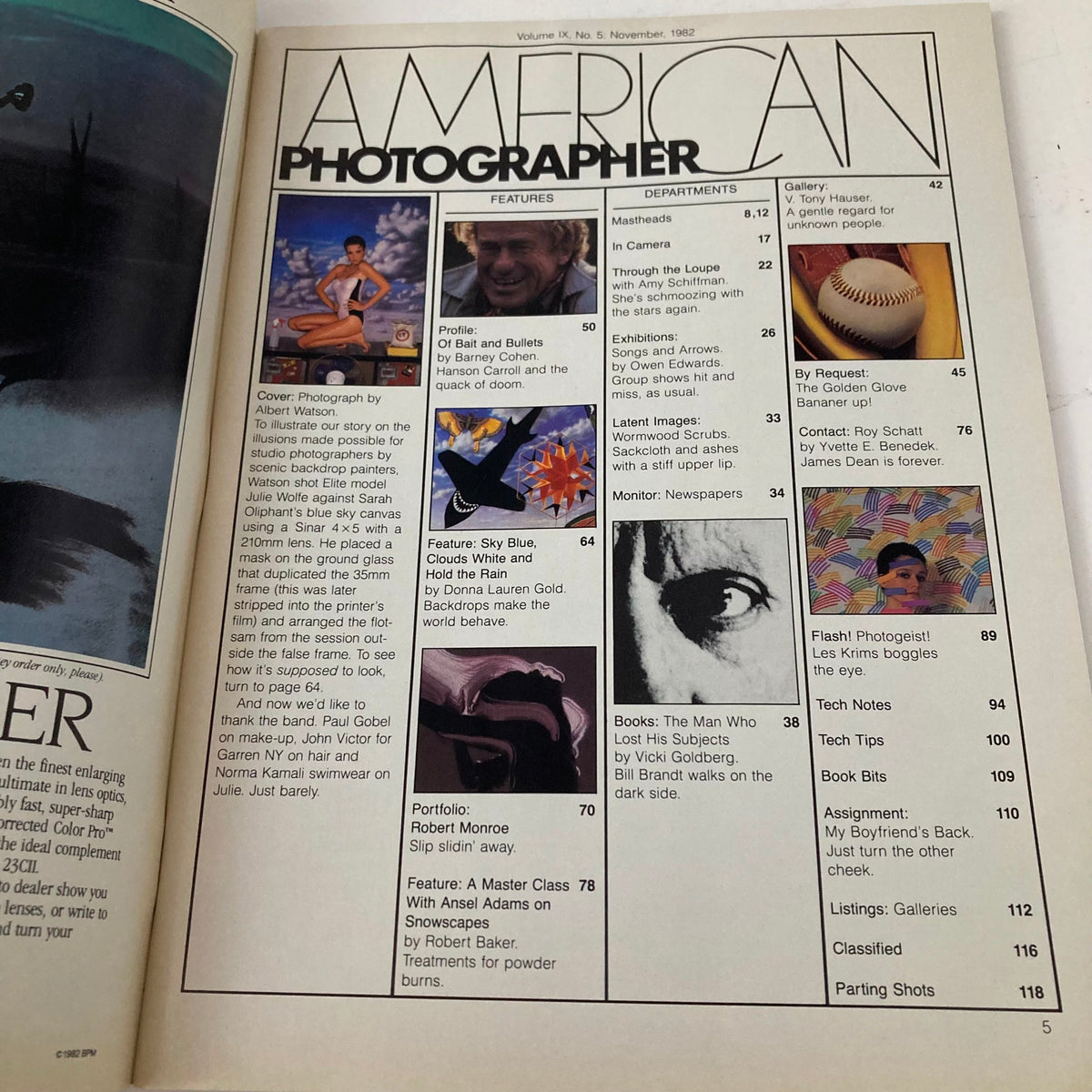 Table of contents from American Photographer Magazine November 1982, detailing featured articles and photographs, highlighting insights from the photography industry during the era.