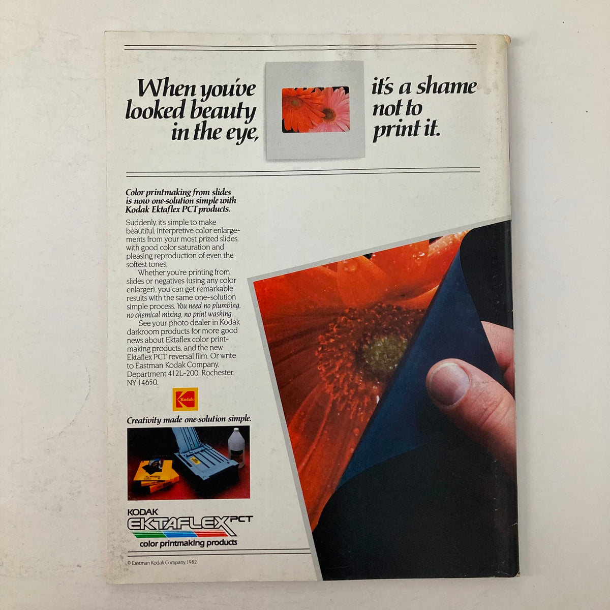 Back cover of American Photographer Magazine August 1982 showcasing an advertisement for Kodak Ektaflex PCT color printmaking products.