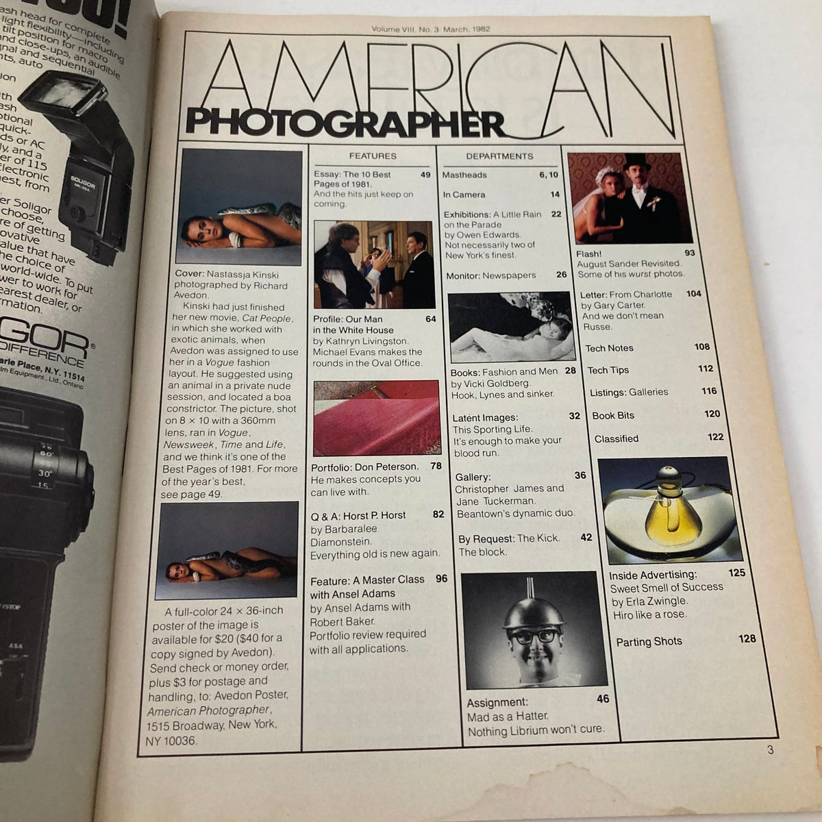 Interior page of American Photographer Magazine March 1982 featuring the table of contents, with emphasis on Nastassja Kinski cover, showcasing articles on photography techniques and notable photographers.