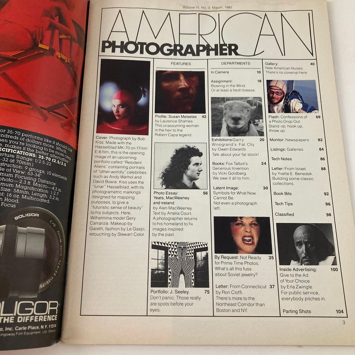 Inside spread of American Photographer Magazine March 1981 featuring editorial content, including the cover photo by Bob Kiss and listings of articles, showcasing the artistry of photography and modeling in the 1980s.
