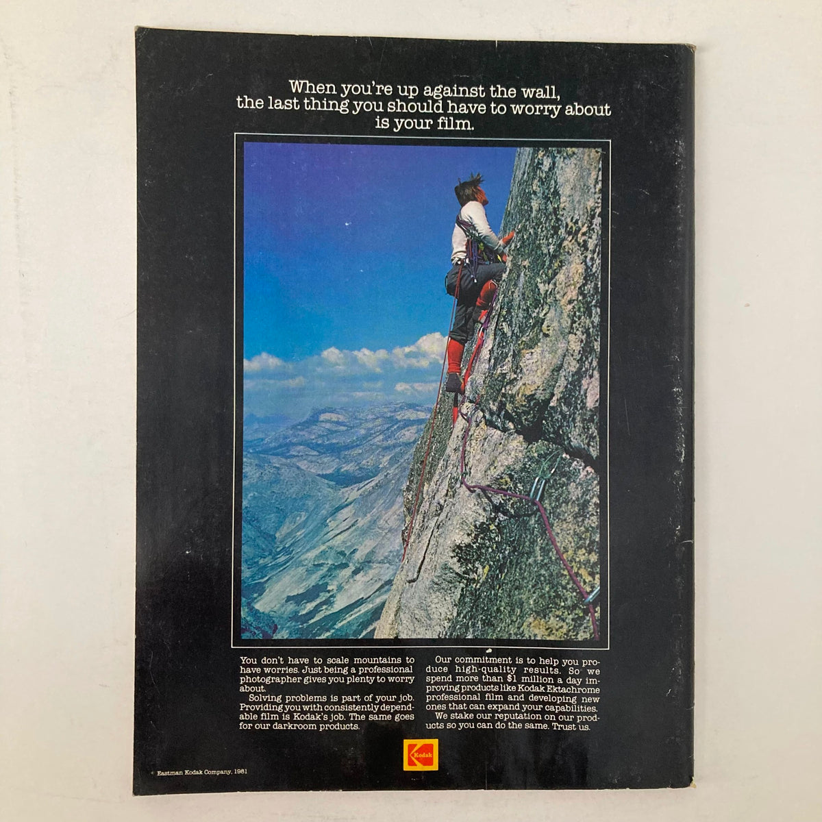 Back cover of American Photographer Magazine June 1981 with an advertisement featuring a mountain climber, promoting Kodak film for professional photographers.