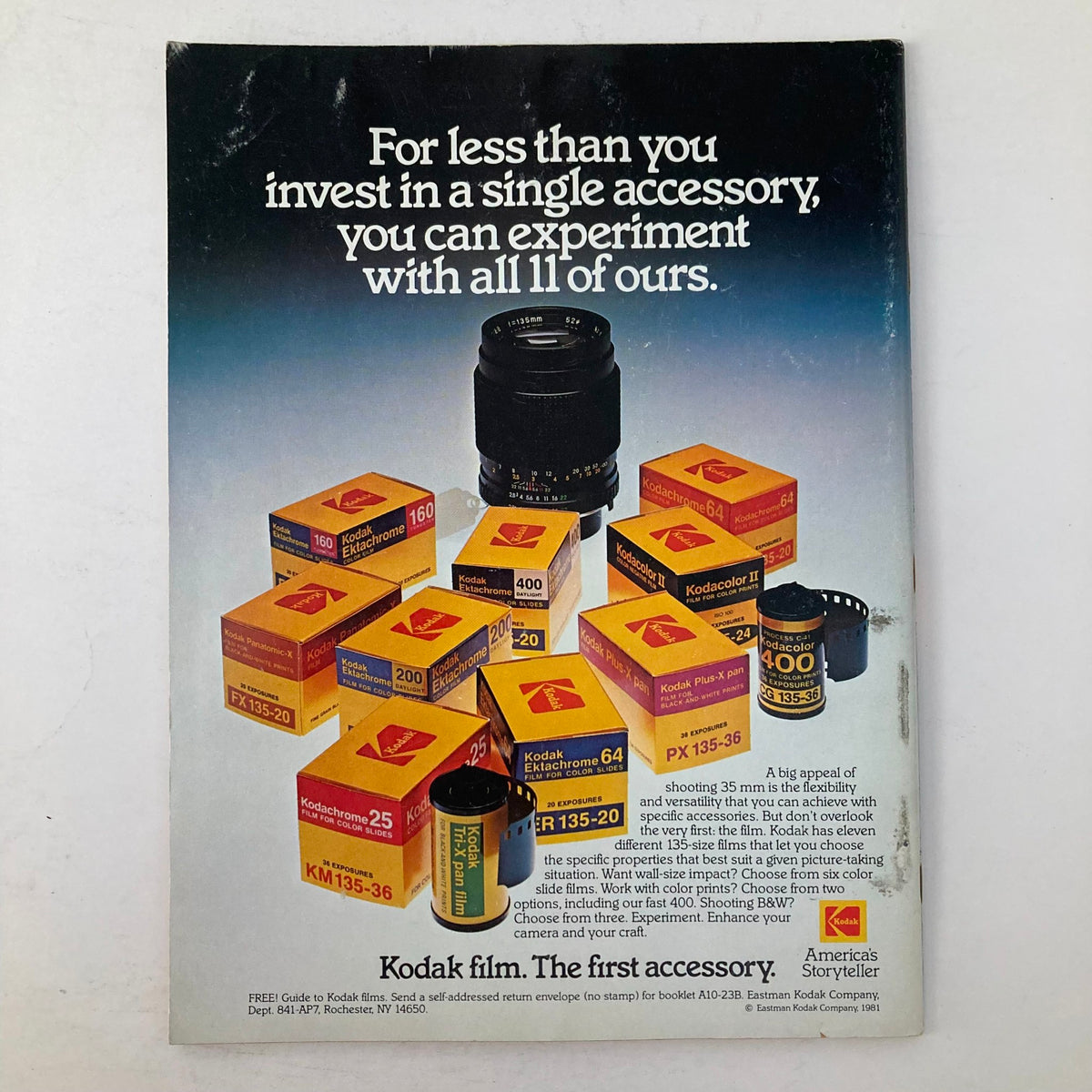 Advertisement for Kodak film featured in American Photographer Magazine July 1981, displaying various Kodak film products and emphasizing versatility for photography.