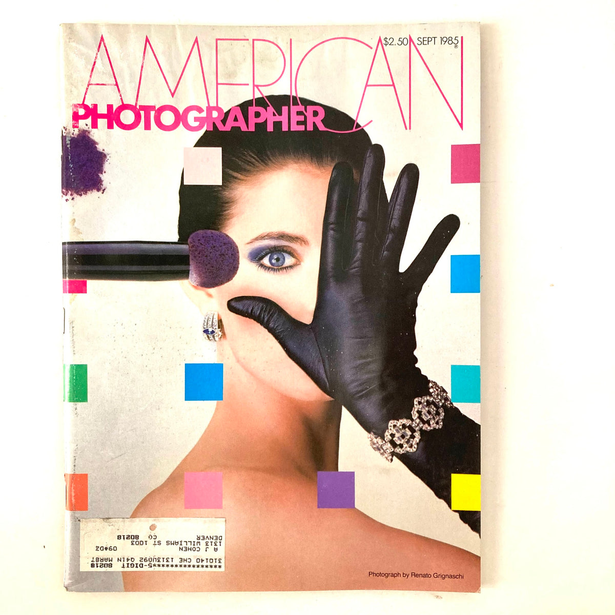 Cover of American Photographer Magazine September 1985 featuring a model with striking makeup and a glamorous black glove, showcasing photographic artistry of the mid-1980s.