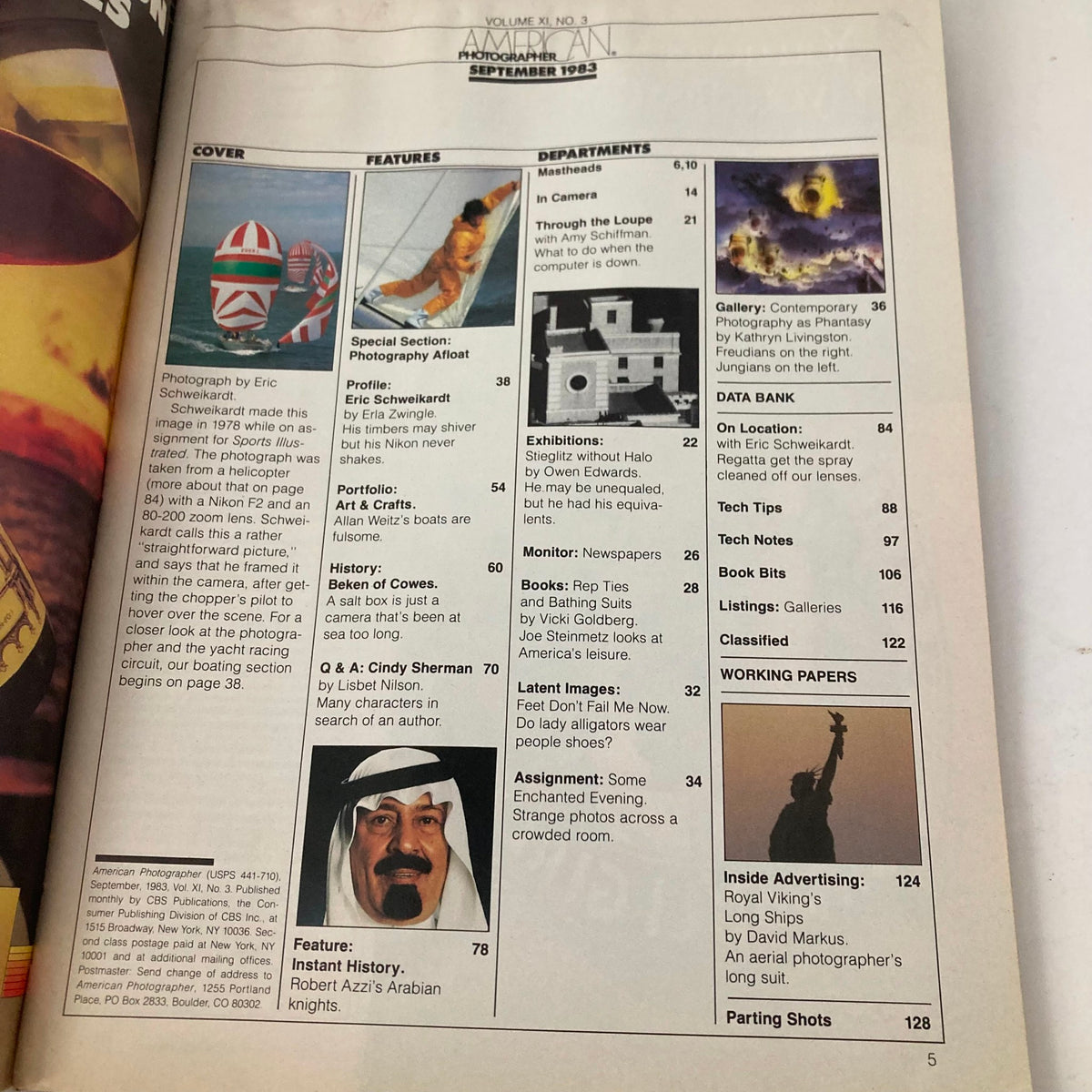 Interior page from American Photographer Magazine, September 1983, showcasing magazine features and photographs, including a profile on photographer Eric Schweikardt.