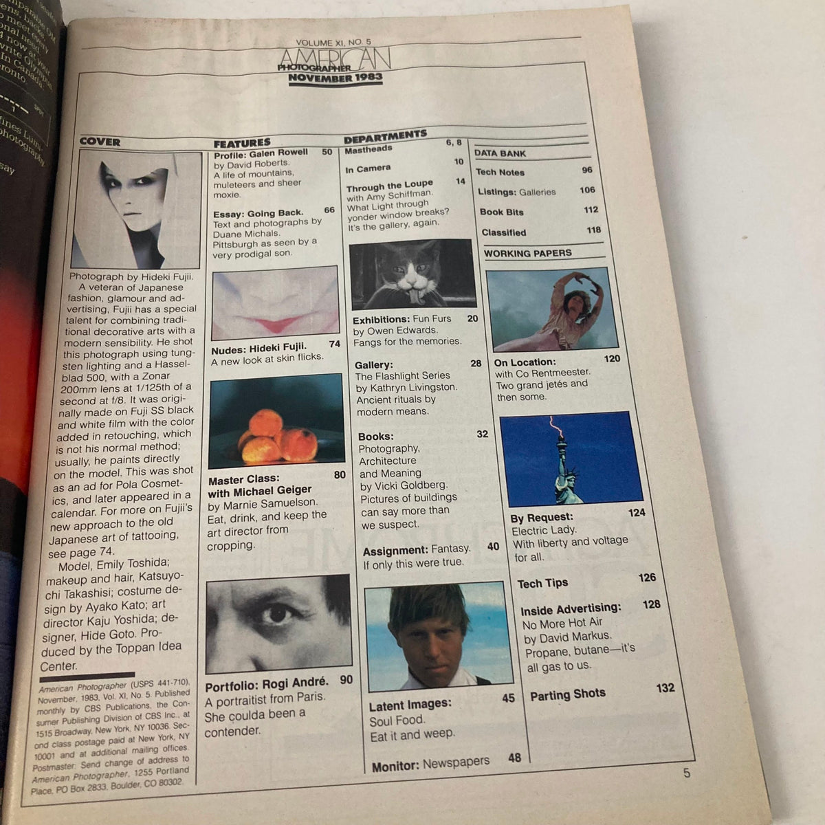Interior page of American Photographer Magazine November 1983 featuring articles and features on photography, including a profile on Galen Rowell and an essay by Hideki Fuji. The layout and content reflect the photography trends of the 1980s.