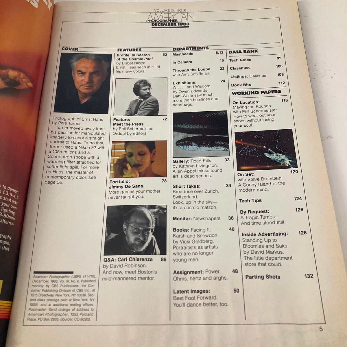 Table of contents from American Photographer Magazine December 1983, featuring profiles and articles on photography, including content from Ernst Haas and Pete Turner.
