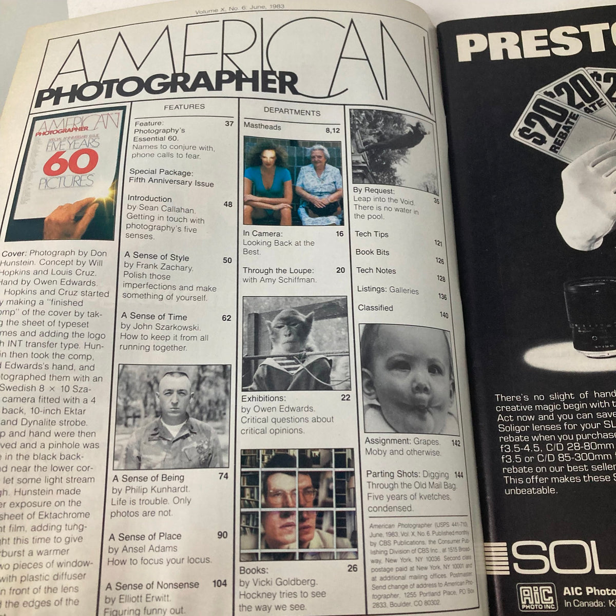 Interior page of American Photographer Magazine, June 1983, displaying contents and features such as photography style, interviews, and exhibition details with a focus on five years of impactful photography.