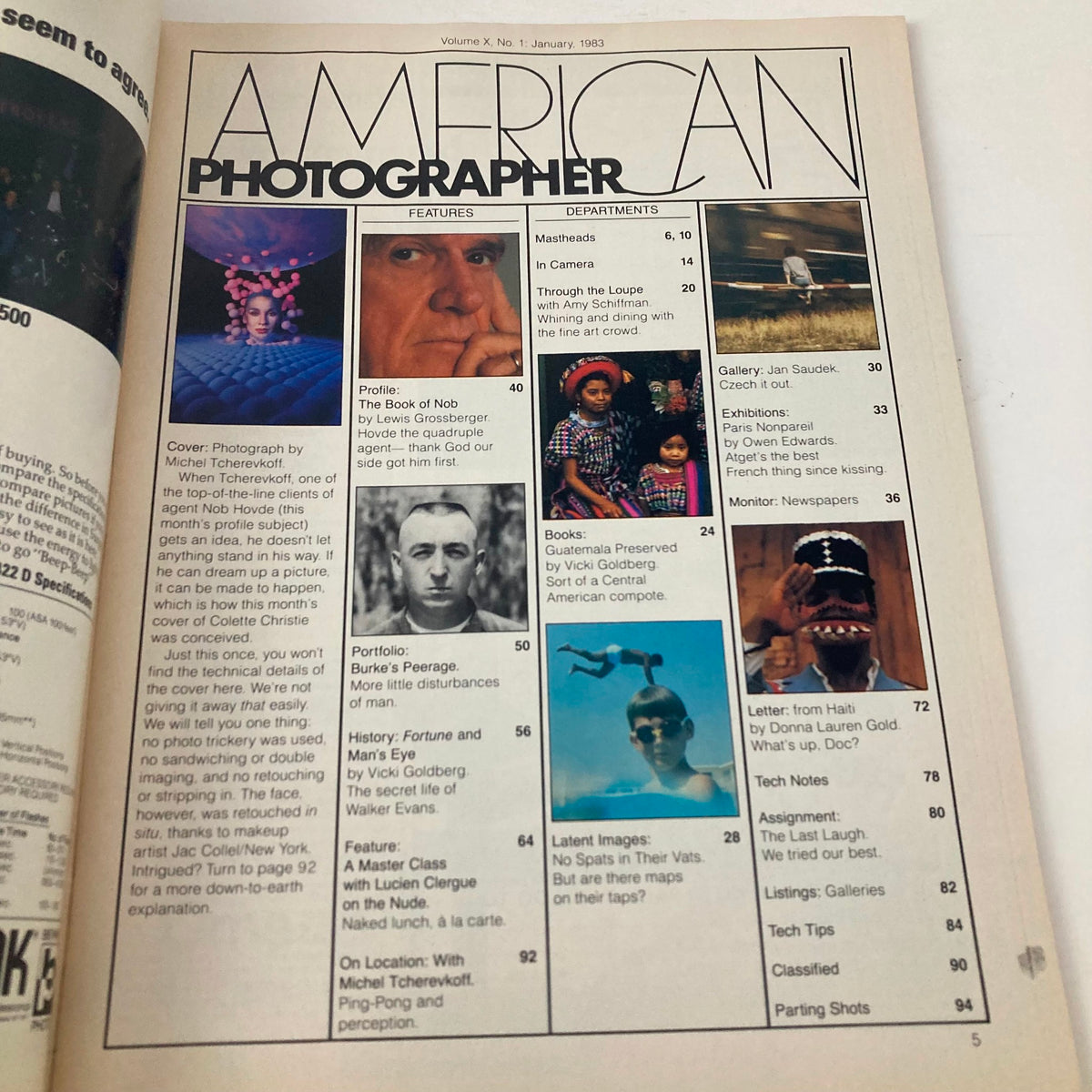 Inside page of American Photographer Magazine January 1983 displaying the table of contents, including articles and features such as photography tips and profiles.